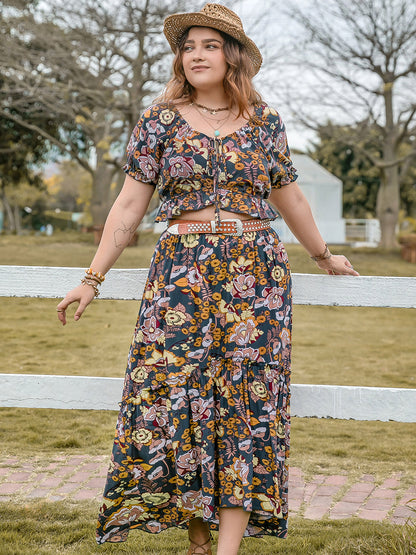 Tie Neck Short Sleeve Top and Skirt Set