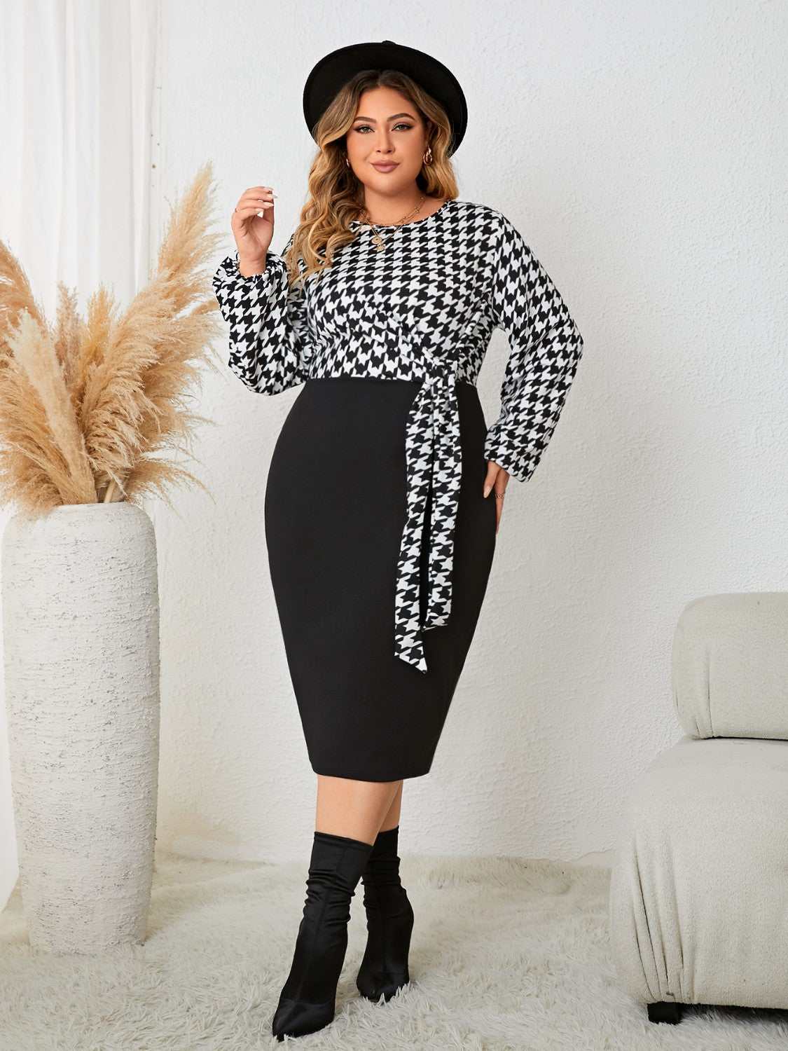 Houndstooth Tied Long Sleeve Dress