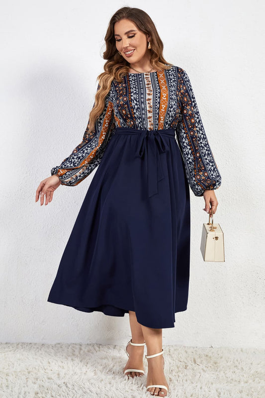 Printed Tie Belt Boat Neck Midi Dress