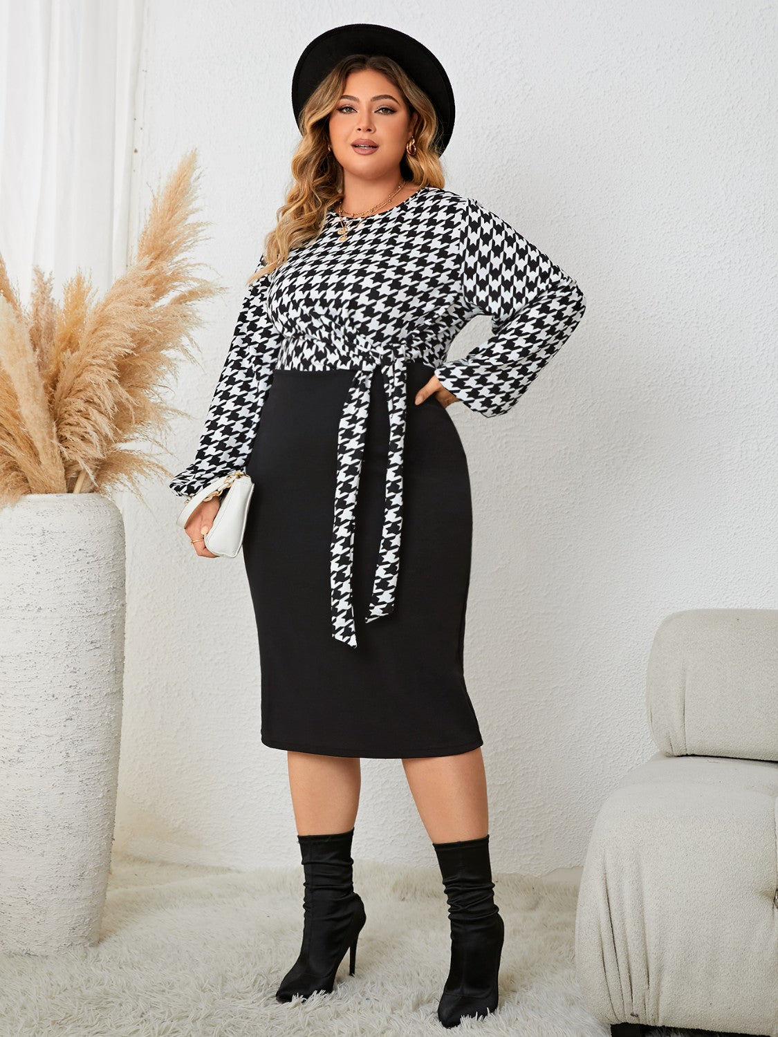 Houndstooth Tied Long Sleeve Dress