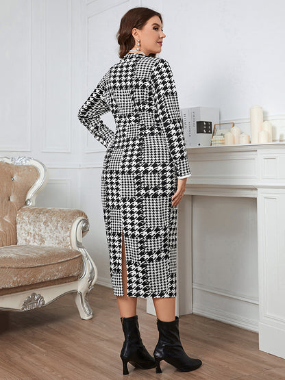 Houndstooth Button-Down Long Sleeve Dress