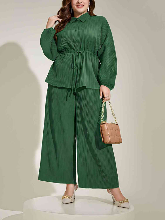 Collared Neck Buttoned Top and Wide Leg Pants Set - Cabin 6 Productions