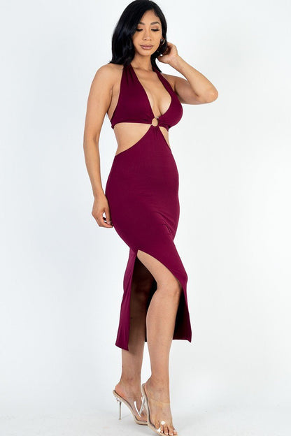 Cut - out Halter Neck Double Back Tie Split Thigh Midi Dress - Cabin 6 Productions