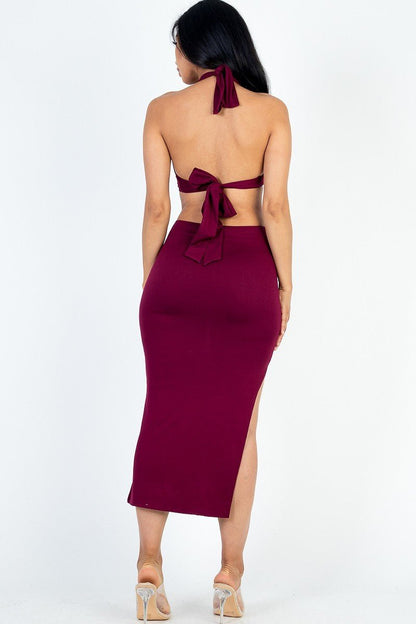 Cut - out Halter Neck Double Back Tie Split Thigh Midi Dress - Cabin 6 Productions