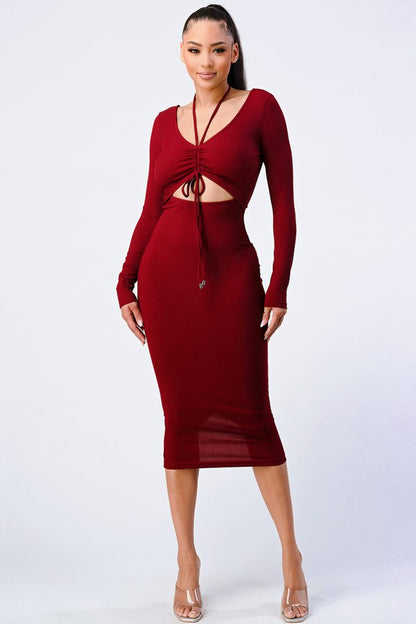 Front Shirring Cut-out Long Sleeved Dress