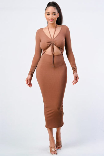 Front Shirring Cut-out Long Sleeved Dress