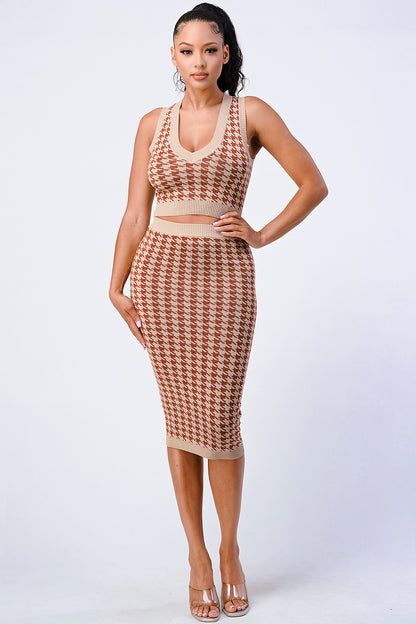 Gingham Rib Knit Top And Skirt Sets